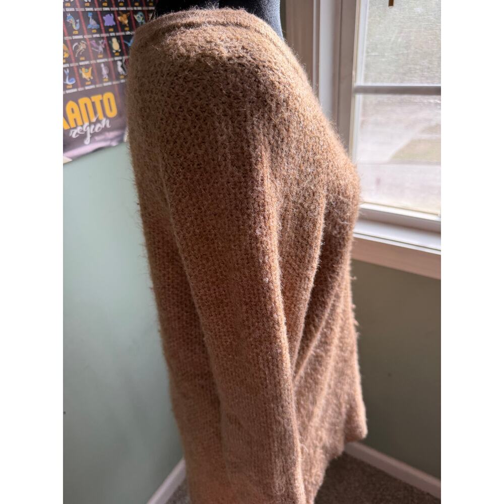 Brown Knit Shoulder Zip Sweater, Soft & Fuzzy Tunic Pullover - Picture 4 of 6